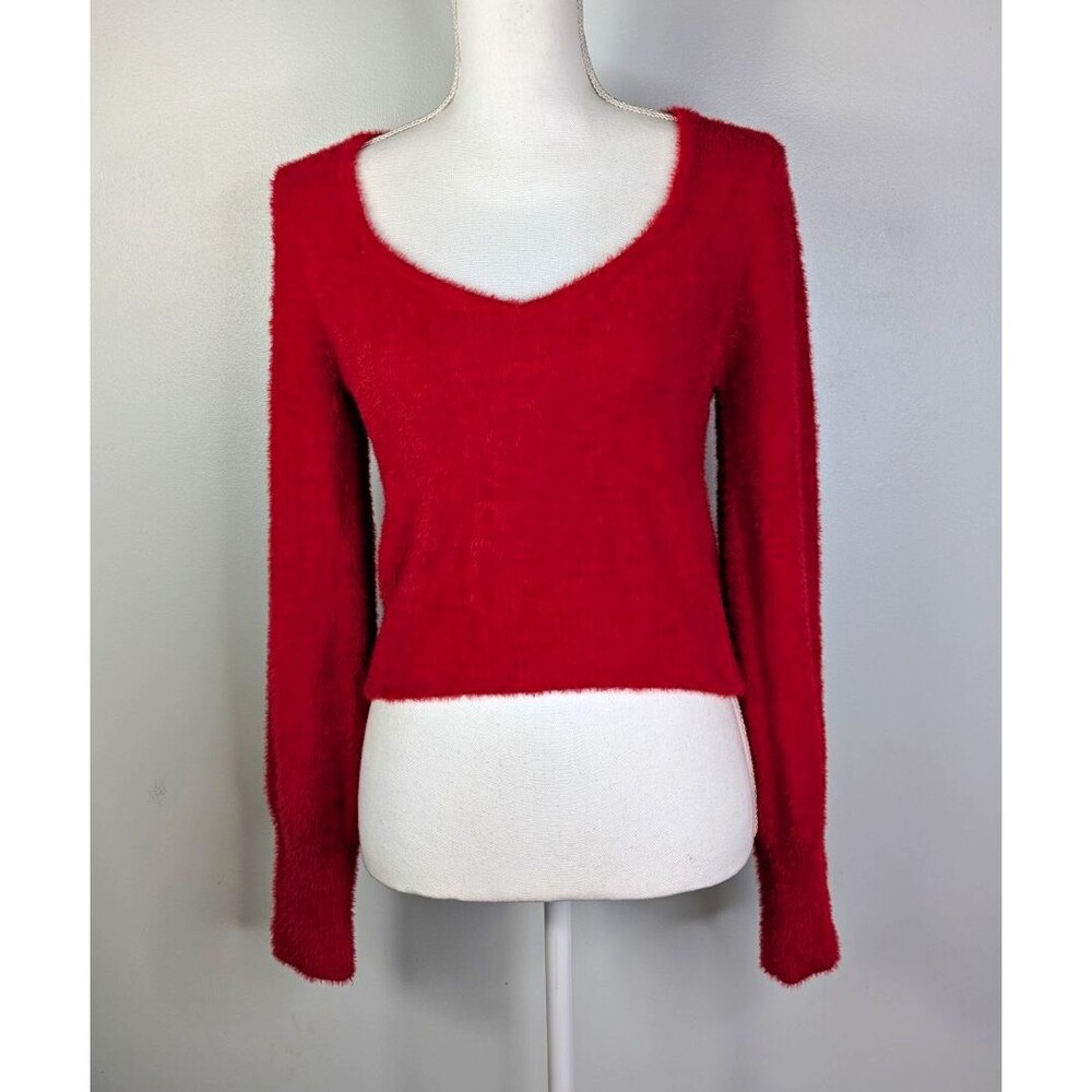 Sincerely Jules Womens Red Fuzzy Knit V-Neck Pullover Sweater L Cozycore Casual